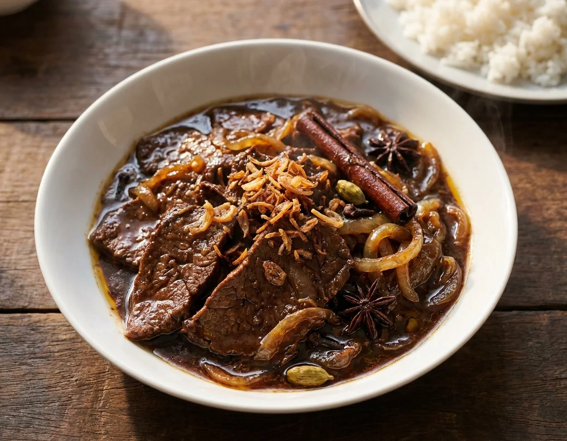 Daging masak hitam berkuah pekat berkilat dalam mangkuk putih, bertabur bawang goreng dan hirisan bawang besar, dihidang bersama nasi putih