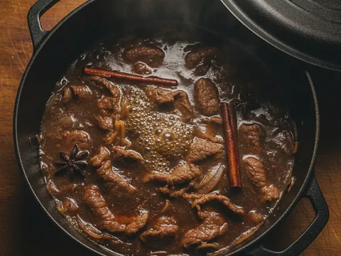 Hirisan daging berperap dimasukkan ke dalam kuah rempah pekat dalam periuk dan dikacau sebati