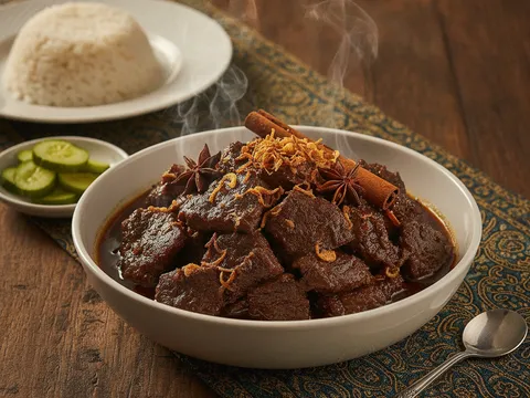 Daging masak hitam dalam periuk dengan kuah yang sudah pekat berkilat, ditabur bawang goreng keperangan