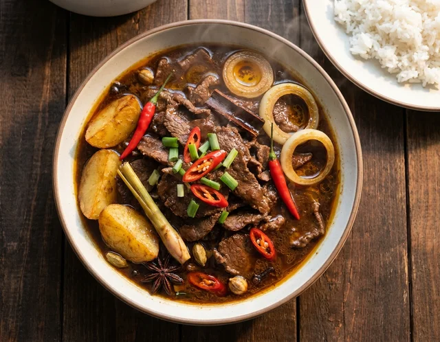 Sepinggan daging masak kicap bersama nasi putih, kuah pekat berkilat melekat pada hirisan daging dan kentang