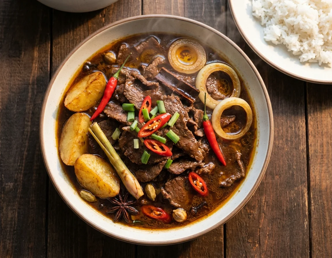 Sepinggan daging masak kicap bersama nasi putih, kuah pekat berkilat melekat pada hirisan daging dan kentang