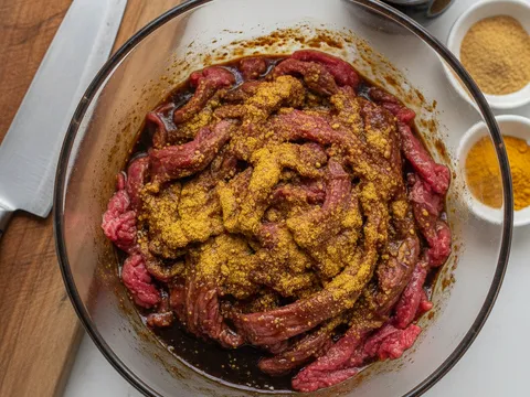 Hirisan nipis daging lembu digaul dengan serbuk ketumbar, kunyit dan kicap pekat dalam mangkuk kaca