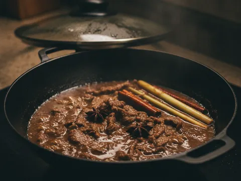 Hirisan daging direneh dalam kuali bertutup dengan kuah rempah kecoklatan di atas api perlahan