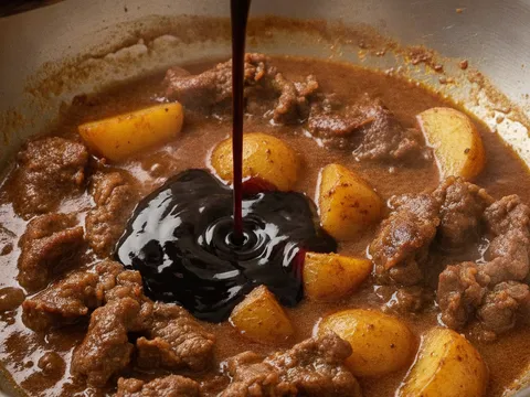 Kicap pekat dituang ke dalam kuali berisi daging dan kentang, kuah bertukar gelap dan pekat
