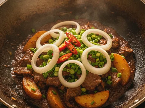 Hirisan bawang holland cili padi dan daun bawang dimasukkan ke dalam daging masak kicap yang siap dimasak