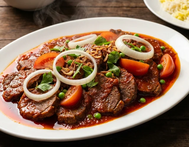 Daging masak merah kenduri dengan kuah sos tomato pekat bergincu, dihias bawang besar cincin, tomato, kacang pis dan bawang goreng dalam pinggan putih
