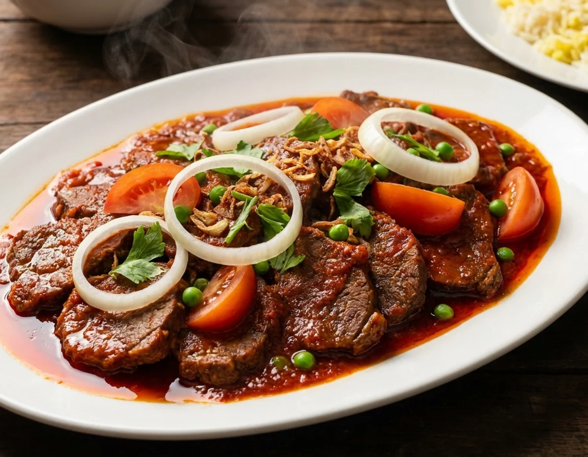 Daging masak merah kenduri dengan kuah sos tomato pekat bergincu, dihias bawang besar cincin, tomato, kacang pis dan bawang goreng dalam pinggan putih