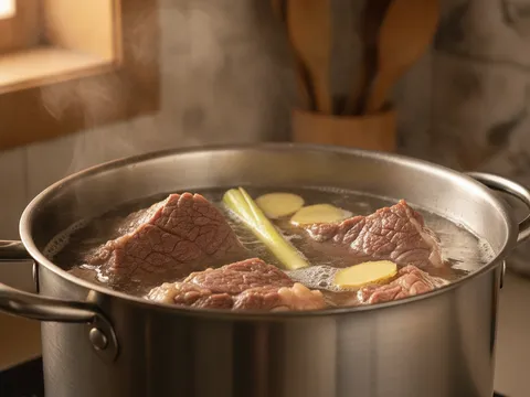 Ketulan daging lembu direbus dalam periuk bersama serai dan halia sehingga empuk
