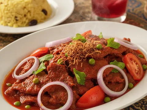 Daging masak merah siap dihidang dalam pinggan putih bersama nasi minyak di meja kenduri