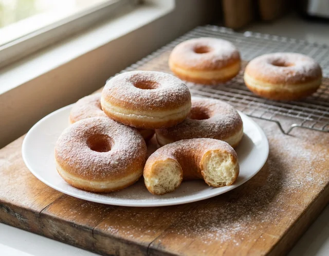 Susunan donut gebu bersalut susu tepung dan gula aising di atas redai kawat, satu biji dibelah menampakkan isi berongga halus