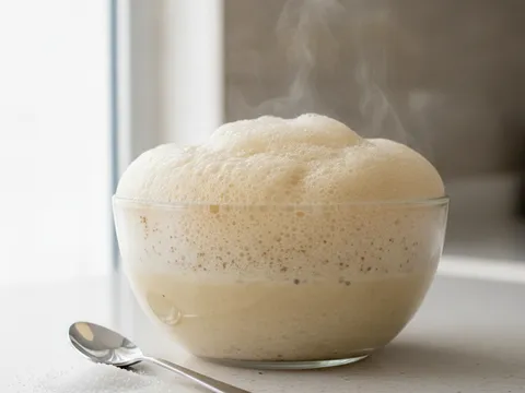Larutan yis segera dengan gula dalam air suam di dalam mangkuk kaca, permukaannya berbuih tanda yis aktif