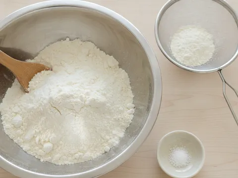 Tepung roti, tepung gandum, susu tepung dan gula diayak bersama dalam mangkuk pengadun besar