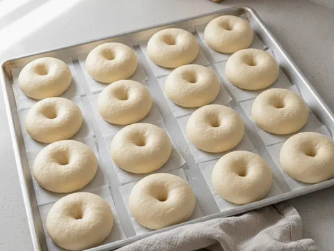 Bulatan donut mentah disusun berjarak di atas dulang bertabur tepung, sudah mengembang montok sebelum digoreng
