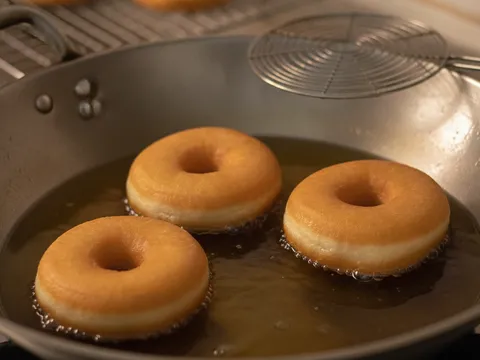 Donut digoreng dalam minyak dengan jalur cincin putih jelas kelihatan di sekeliling tepi sebelum diterbalikkan
