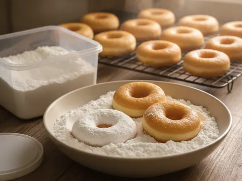 Donut suam digolekkan dalam campuran susu tepung dan gula aising di dalam mangkuk sehingga bersalut putih rata