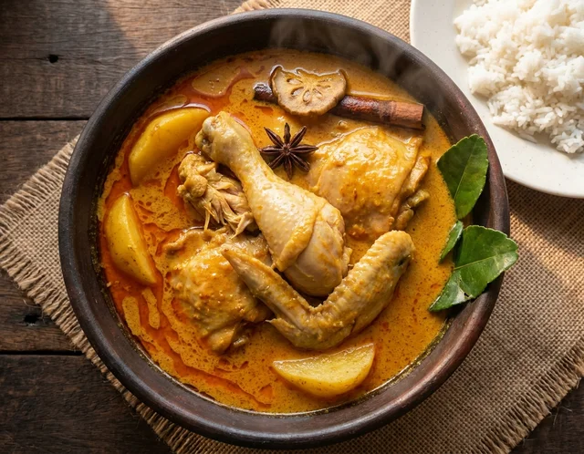 Gulai ayam berkuah santan pekat kekuningan dengan ketulan ayam dan kentang dalam mangkuk tanah liat, minyak rempah bertakung di permukaan, dihidang bersama nasi putih