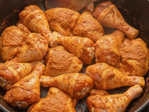 Ketulan ayam digaul rata dengan pes rempah gulai dalam periuk sehingga bersalut sepenuhnya