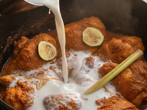 Santan cair dituang ke dalam periuk berisi ayam bersalut rempah, dengan keping asam gelugor terapung di permukaan