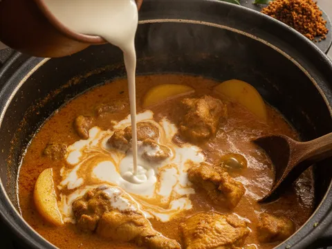 Pati santan pekat dituang ke dalam gulai ayam pada api perlahan sambil dikacau, dengan daun limau purut di tepi periuk