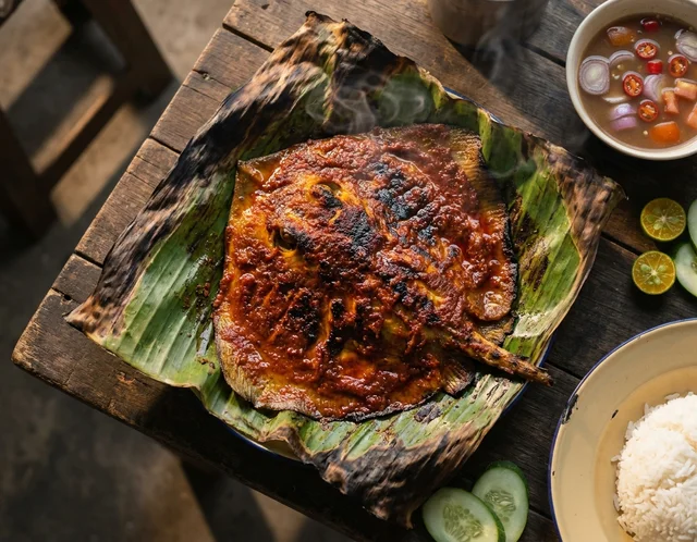 Ikan bakar berperap sambal merah di atas daun pisang dengan air asam pencicah dan limau kasturi di tepi