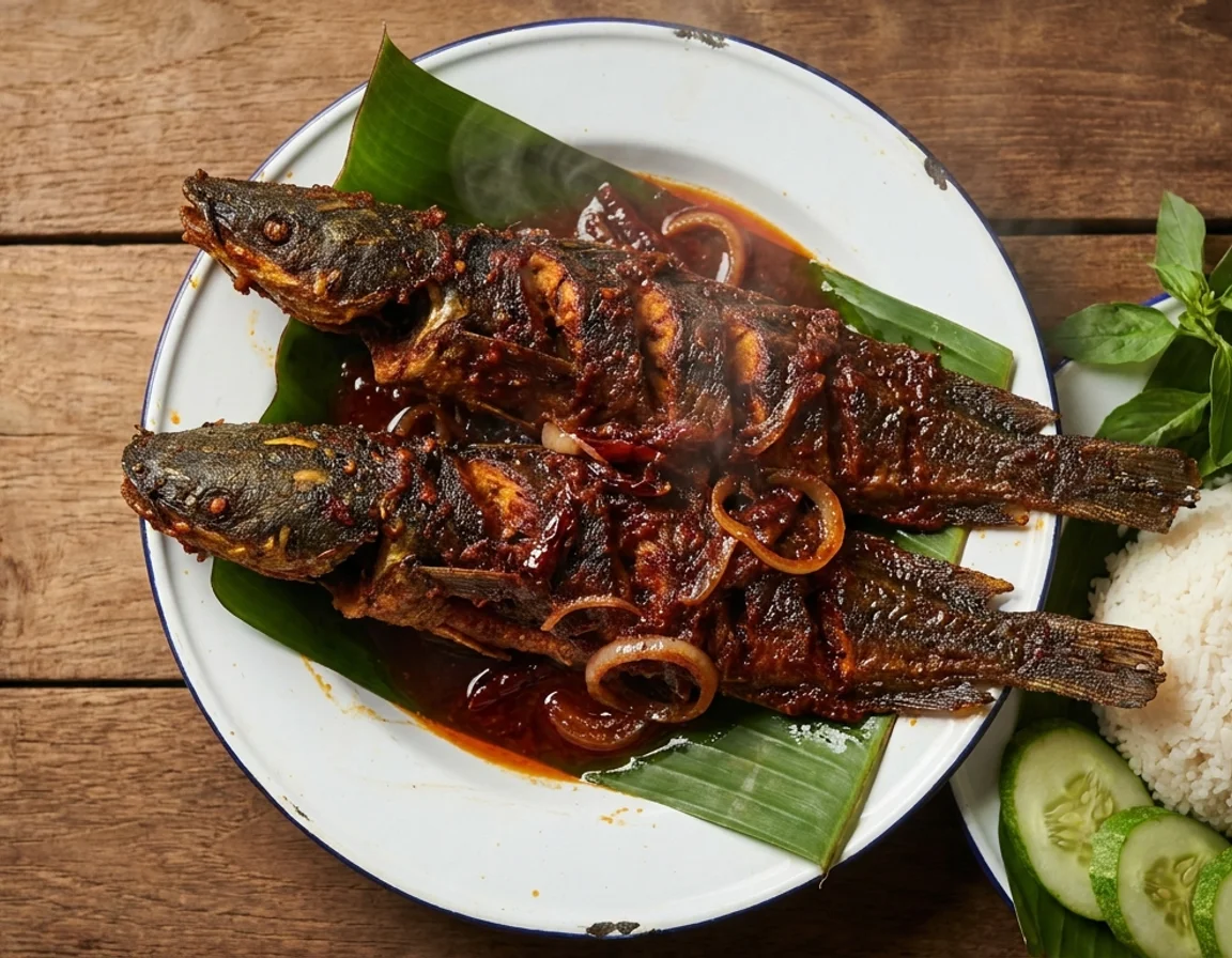 Ikan keli goreng berlada garing disaluti sambal lada merah pecah minyak di atas daun pisang, dihidang bersama nasi putih dan ulam