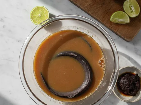 Ikan keli dilumur air asam jawa dalam mangkuk untuk menghilangkan bau hanyir