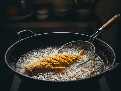 Ikan keli berkunyit digoreng garing keemasan dalam minyak panas di dalam kuali