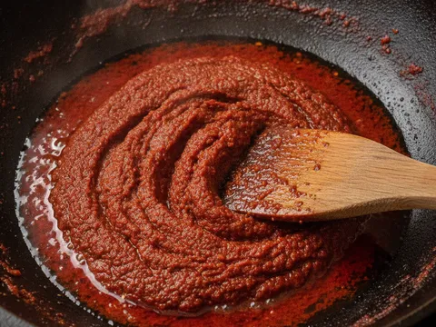 Sambal lada merah kisar kasar ditumis dalam kuali sehingga pekat dan pecah minyak merah