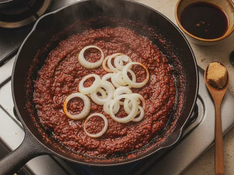 Hirisan bawang besar ditabur ke atas sambal berlada pekat di dalam kuali, dengan air asam jawa dan gula di sebelah