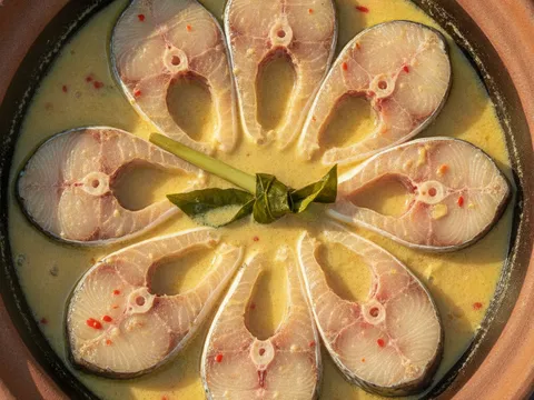 Ketul ikan patin disusun dalam kuah tempoyak kuning yang mereneh perlahan atas api kecil