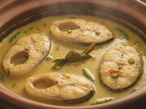 Kuah tempoyak kuning yang telah diperasakan bersama ketul ikan patin yang masak utuh, daun kunyit dan cili padi hijau di permukaan