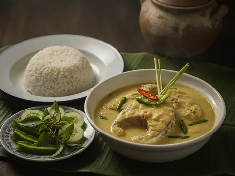 Hidangan lengkap ikan patin masak tempoyak dalam mangkuk bersama nasi putih panas dan ulam di atas meja kayu