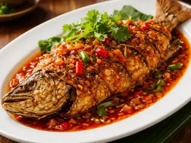 Ikan Siakap Masak 3 Rasa - ikan siakap goreng rangup dengan sos tiga rasa