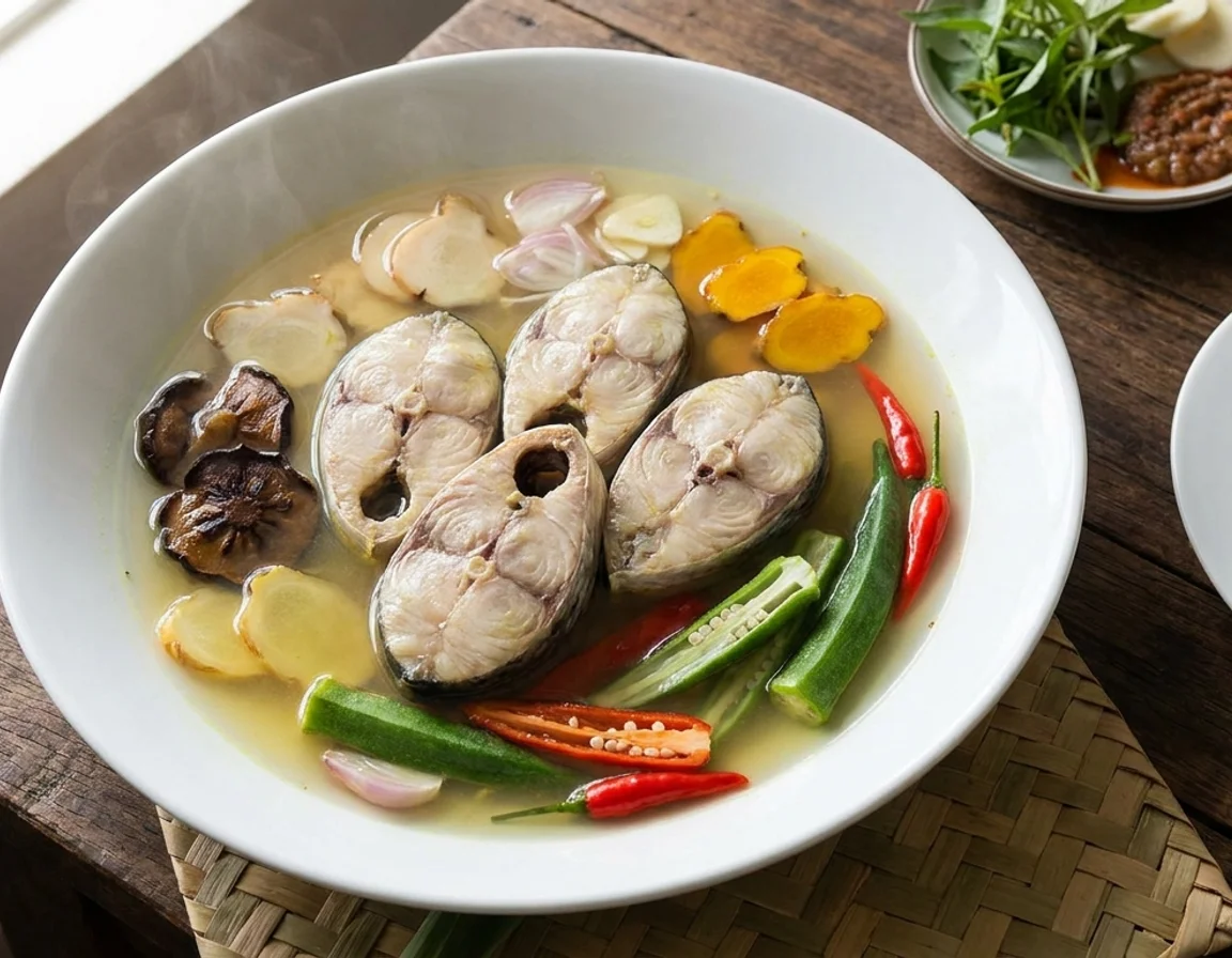 Ikan singgang dalam mangkuk putih dengan kuah kuning nipis, hirisan kunyit hidup, lengkuas, bendi dan cili padi terapung di permukaan
