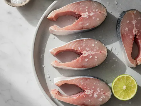 Empat keping ikan tenggiri digosok dengan garam dan limau nipis di atas dulang sebelum dibilas