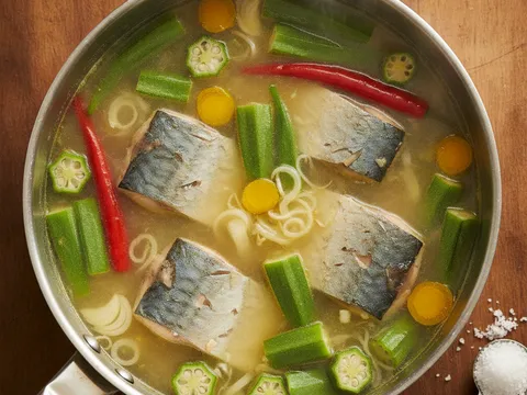 Bendi dan cili merah besar dimasukkan ke dalam periuk singgang bersama keping ikan