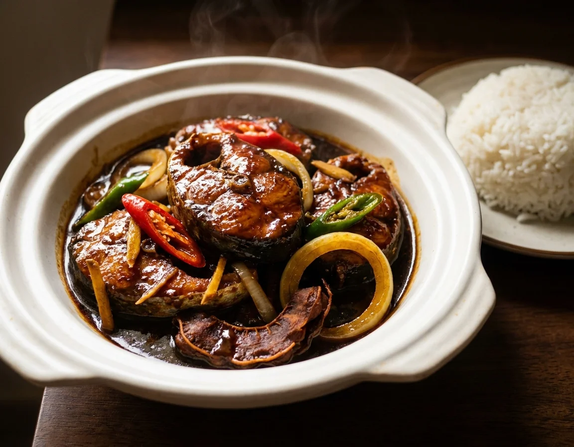 Ikan tongkol masak hitam berkilat dalam kuah kicap pekat bersama hirisan bawang, cili merah dan cili hijau dalam pinggan putih