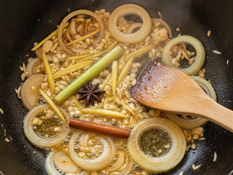 Serai, bunga lawang, kayu manis, bawang merah, bawang putih, halia dan bawang besar ditumis dalam kuali dengan minyak bekas menggoreng ikan