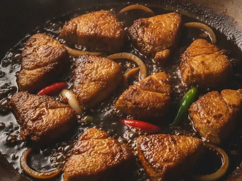 Kepingan ikan tongkol direneh dalam kuah kicap hitam pekat berkilat dengan api perlahan