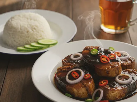 Ikan tongkol masak hitam siap dihidang dalam pinggan bersama nasi putih panas