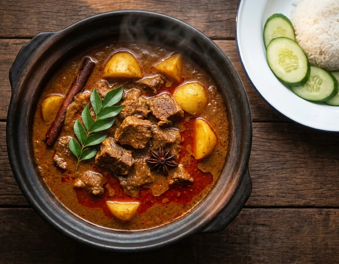 Kari daging pekat berwarna merah keperangan dengan kentang empuk dan daun kari dalam periuk, minyak kari terapung di permukaan