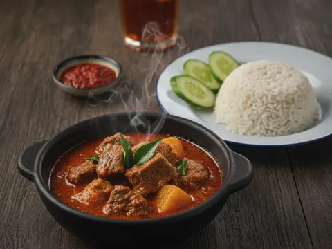 Kari daging siap berkuah pekat dengan minyak merah terapung, dihidang dalam mangkuk bersama nasi putih