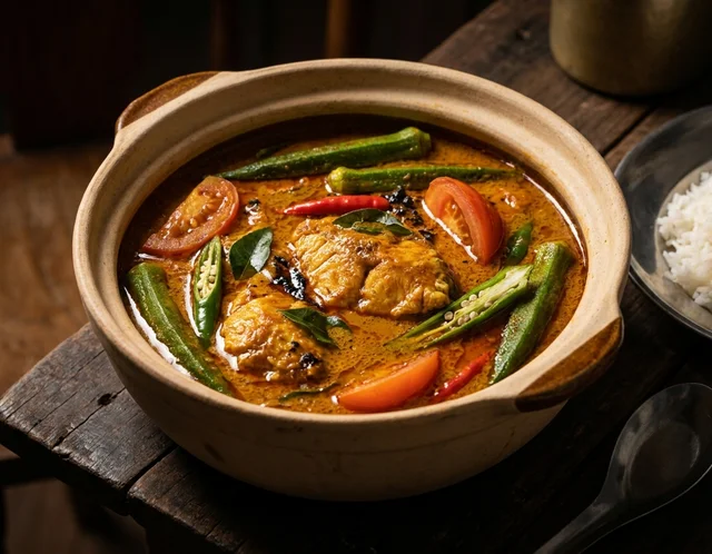 Kari Ikan Malaysia kuah oren-amber pekat berkilat dengan ikan jenahak, bendi, tomato dan daun kari dalam mangkuk