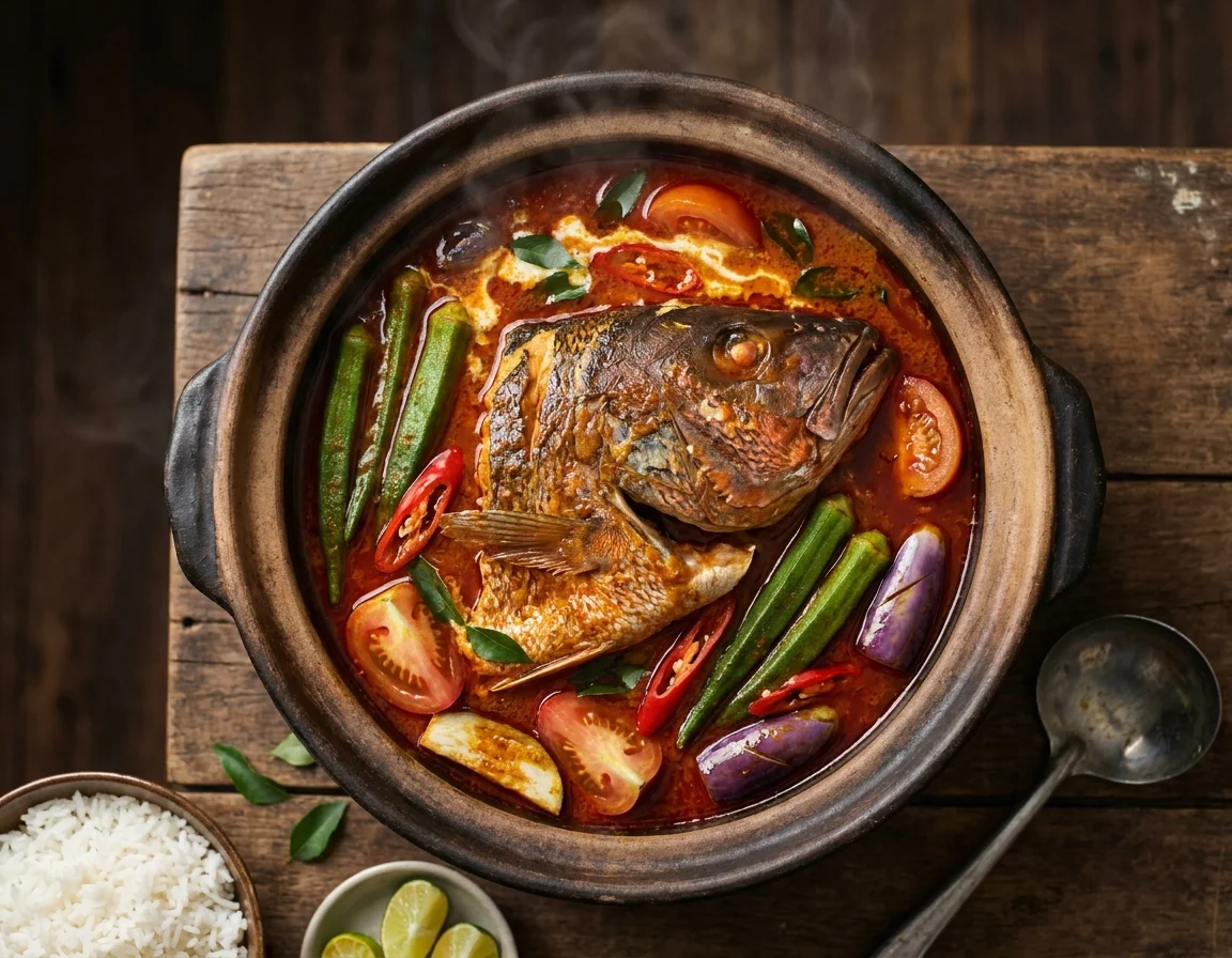 Kari kepala ikan merah dalam periuk tanah dengan kuah oren pekat berminyak, bendi, tomato belah dan daun kari di atasnya