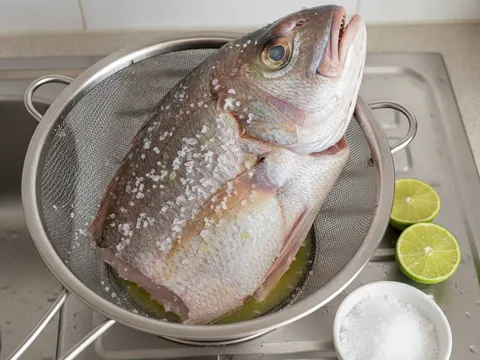 Kepala ikan merah dibelah dua digosok dengan jus limau nipis dan garam kasar di dalam besen