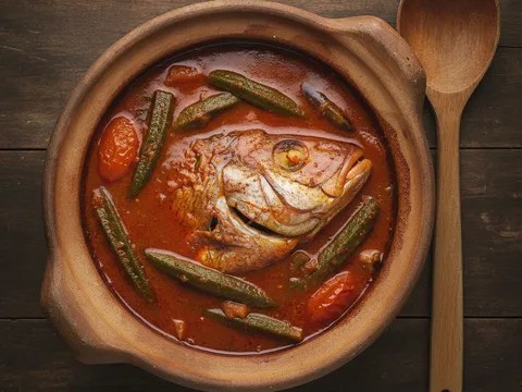 Kari kepala ikan siap dihidang dalam mangkuk besar dengan nasi putih, timun dan sambal belacan di tepi