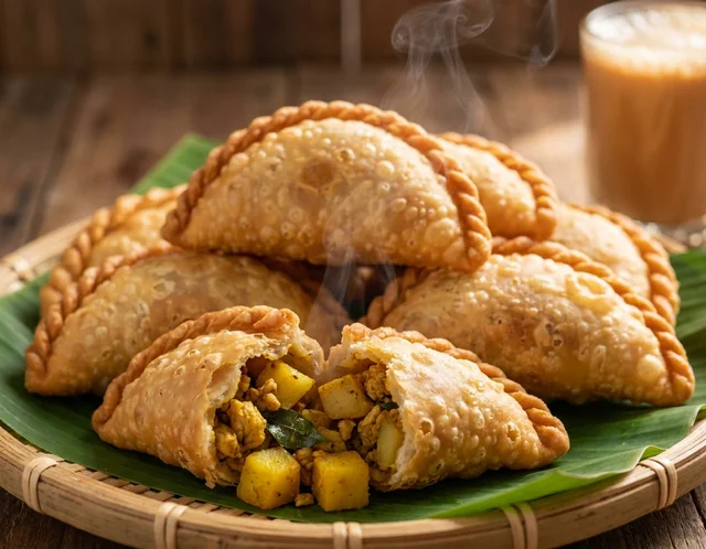 Karipap kentang goreng keemasan dengan kelim berpintal, sebiji dipatahkan menunjukkan inti kentang kari berempah