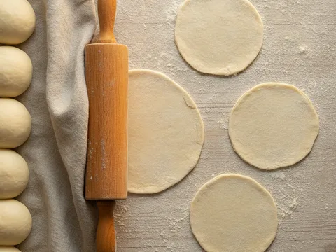 Bulatan doh karipap dicanai nipis dengan penggiling kayu di atas meja bertabur tepung
