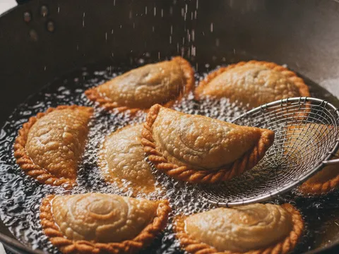 Karipap digoreng dalam minyak panas berbuih halus sehingga bertukar warna keemasan