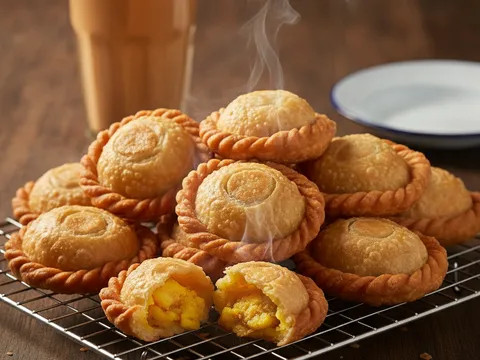 Karipap goreng keemasan ditoskan di atas redai dawai, sebiji dipatahkan menampakkan inti kentang kari